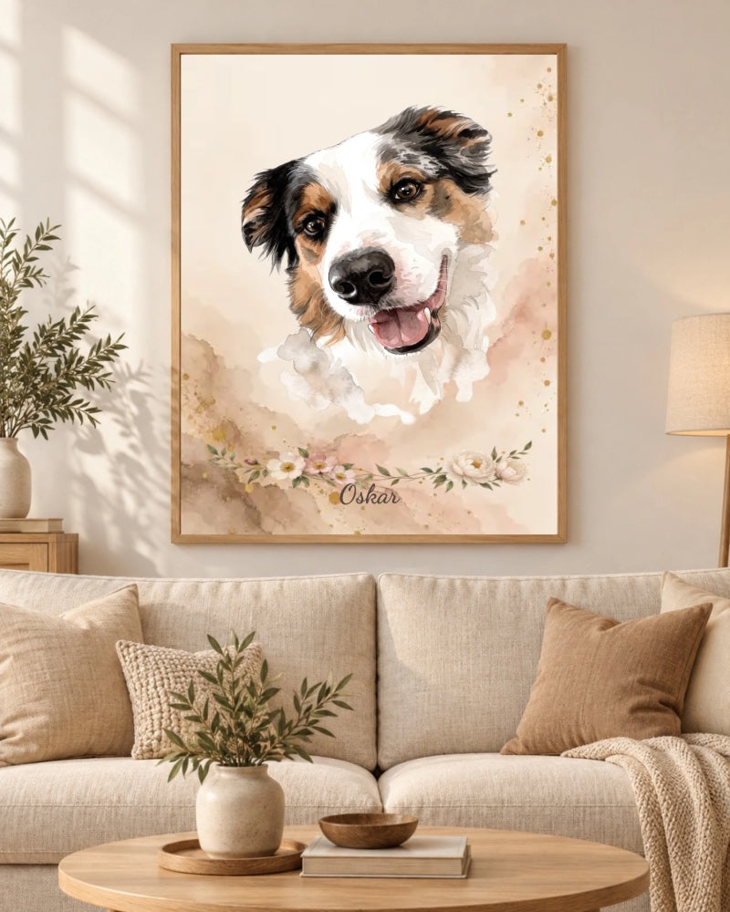 Australian Shepherd Oskar als Tinte und Gold Portrait im Wohnzimmer