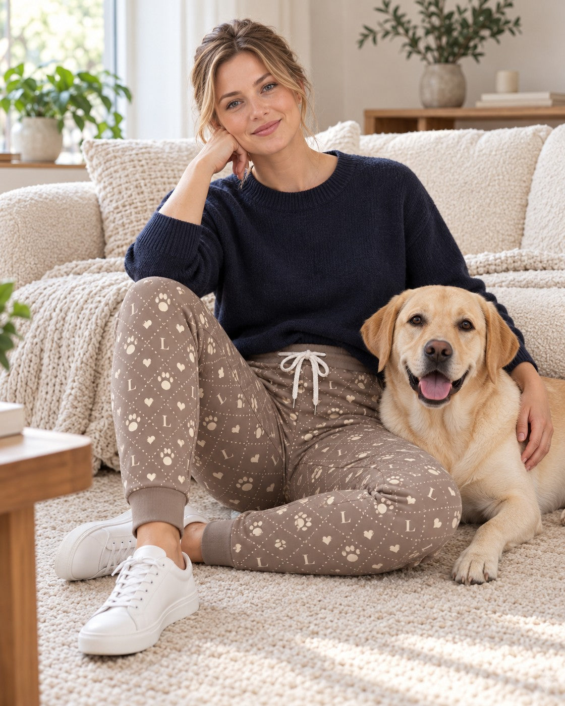 Personalised monogram joggers with the dog's initial, worn on the sofa, dog Luna