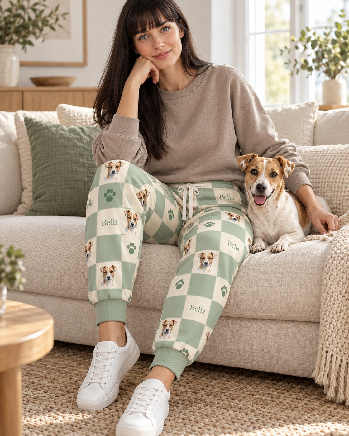 Personalisierte Jogginghose Karo mit Hundeportrait und Name, getragen auf dem Sofa, Hund Bella
