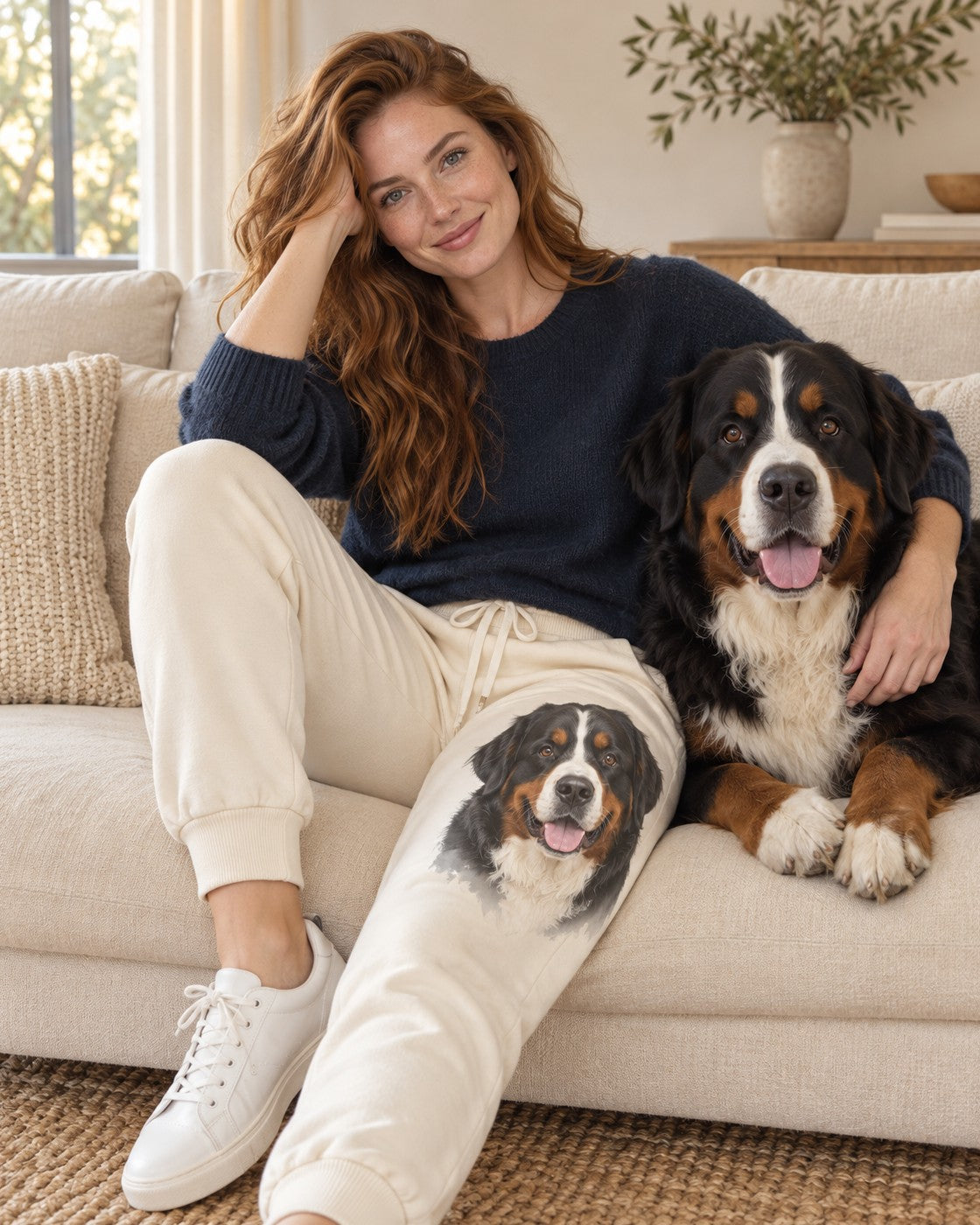 Pantaloni della tuta personalizzati Statement con grande ritratto del cane, indossati sul divano, cane Balu