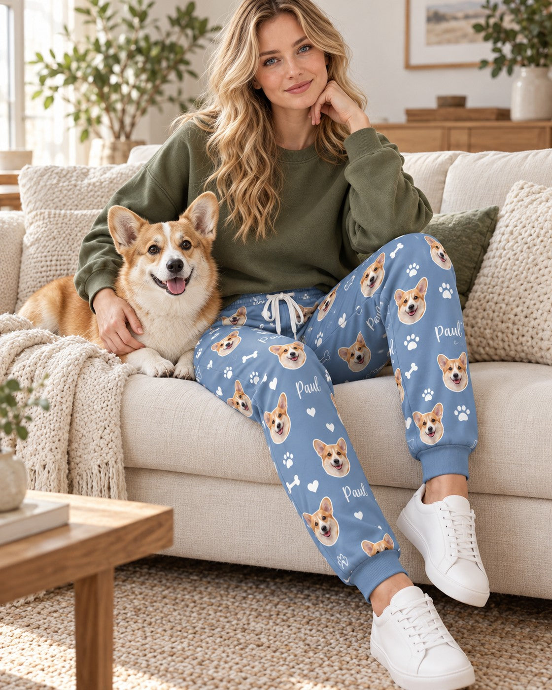 Personalised blue joggers with dog faces and name, worn on the sofa, dog Paul