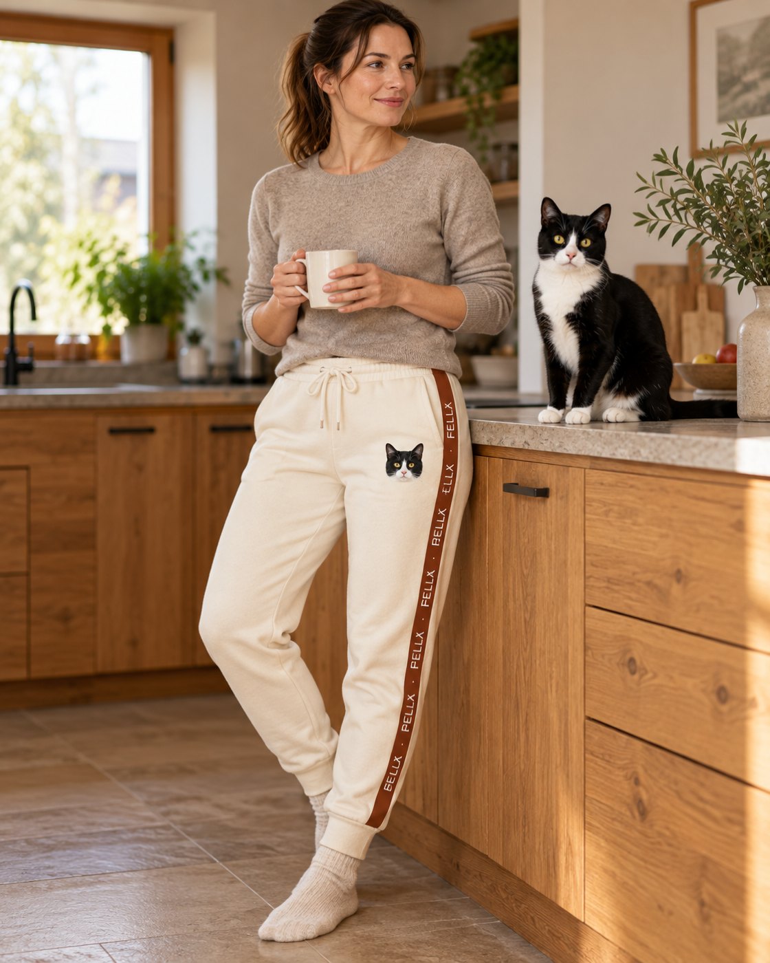 Personalisierte Jogginghose Signature Stripe mit Katzenname im Seitenstreifen, getragen in der Küche, Katze Felix