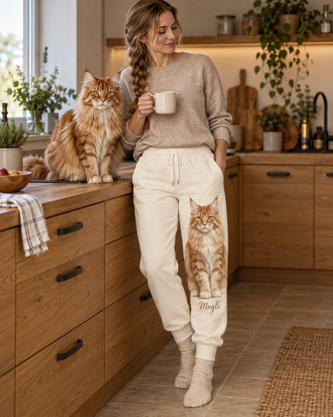 Personalisierte Jogginghose Statement mit großem Katzenportrait, getragen in der Küche, Katze Mogli