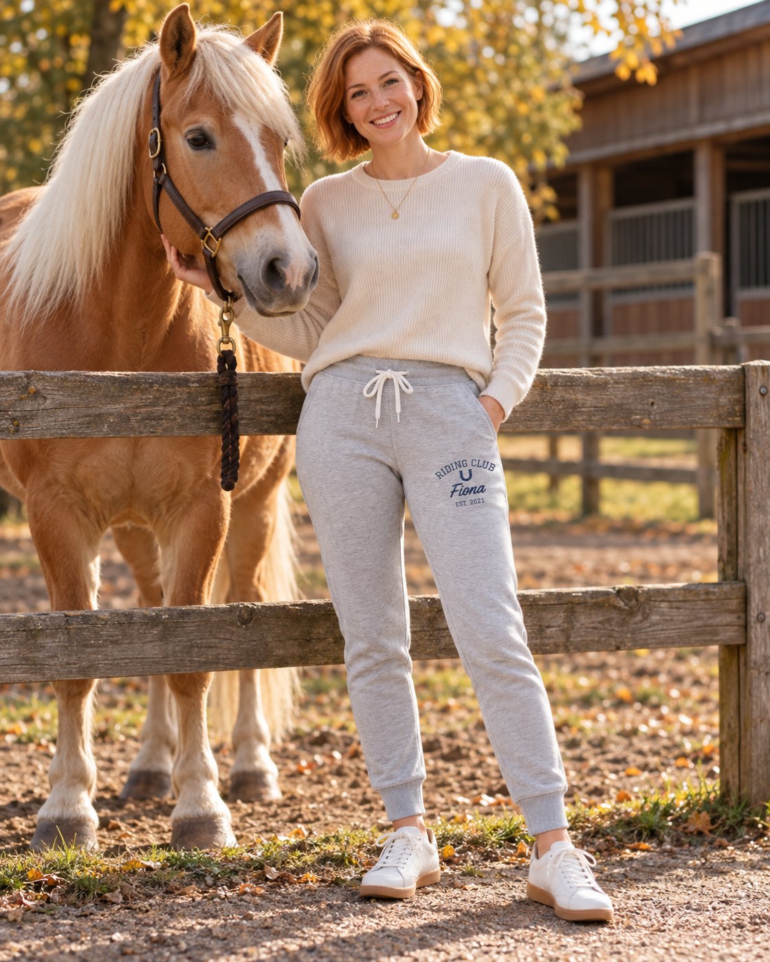 Personalisierte Jogginghose Riding Club mit Pferdename, am Koppelzaun, Pferd Fiona