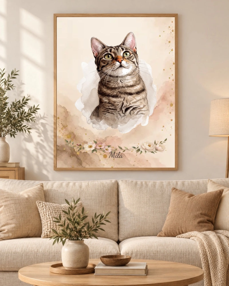 Katze Mila als Tinte und Gold Portrait im Wohnzimmer