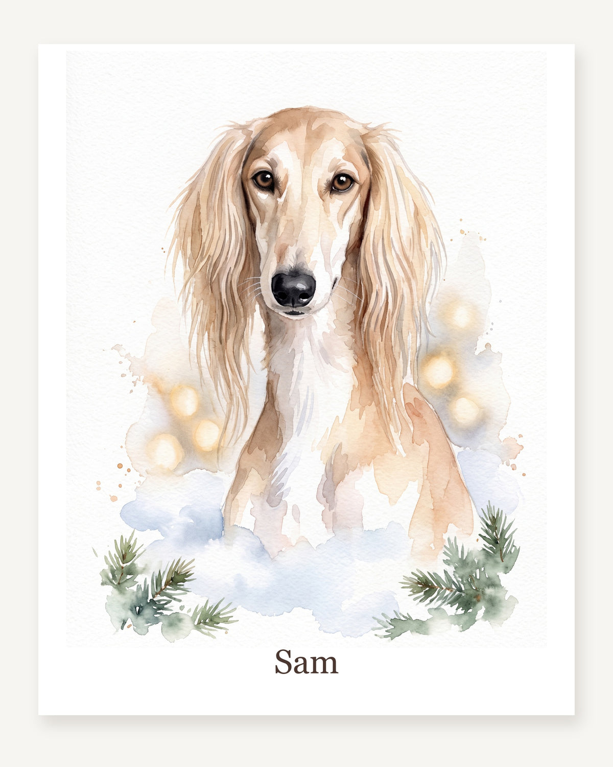 Dein Hund im Weihnachtsschnee als Poster, Saluki Sam im Aquarellstil, freigestellt
