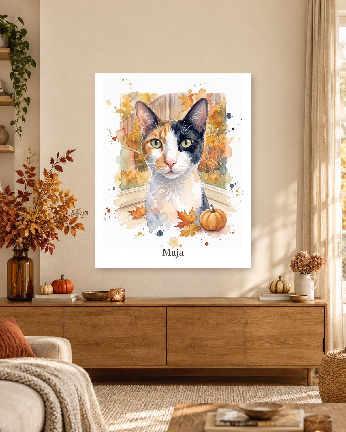 Deine Katze am Herbstfenster als Poster, dreifarbige Glückskatze Maja im Aquarellstil, im saisonal dekorierten Wohnraum