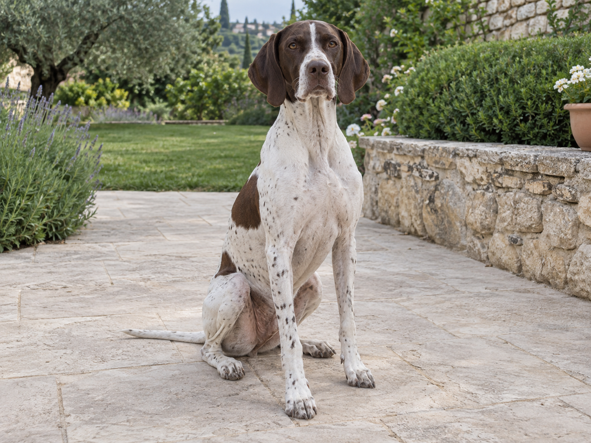 Beispielfoto: Pointer Nala auf einer Gartenterrasse