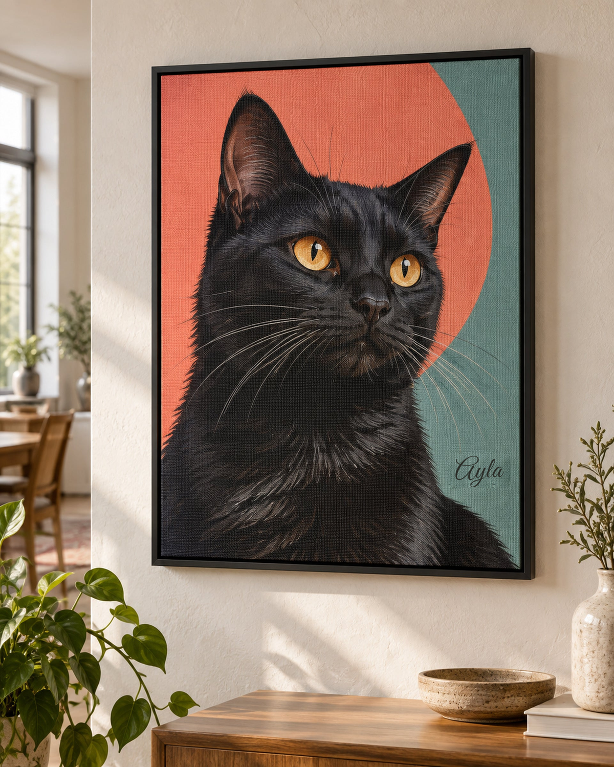 Katzenportrait auf Leinwand mit Rahmen, schwarze Katze im Pop-Art-Stil mit dem Namen Ayla