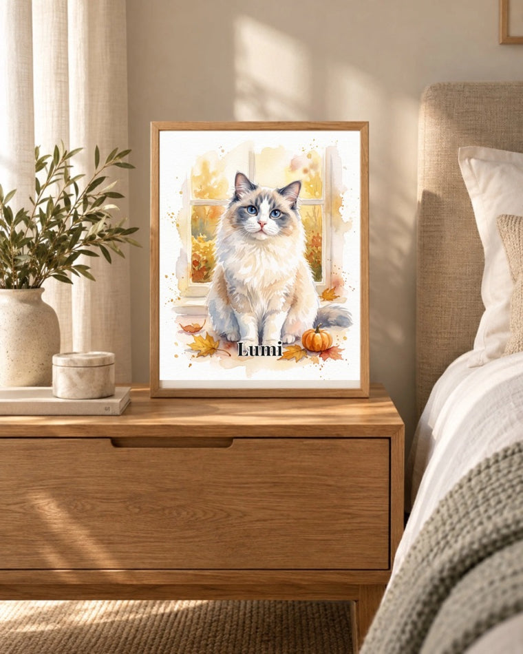 Deine Katze am Herbstfenster: personalisiertes Wandbild, Katze Lumi im Aquarellstil im Schlafzimmer