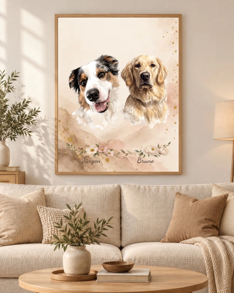 Zwei Hunde juergen und bruno als personalisiertes Doppelportrait, wohnzimmer