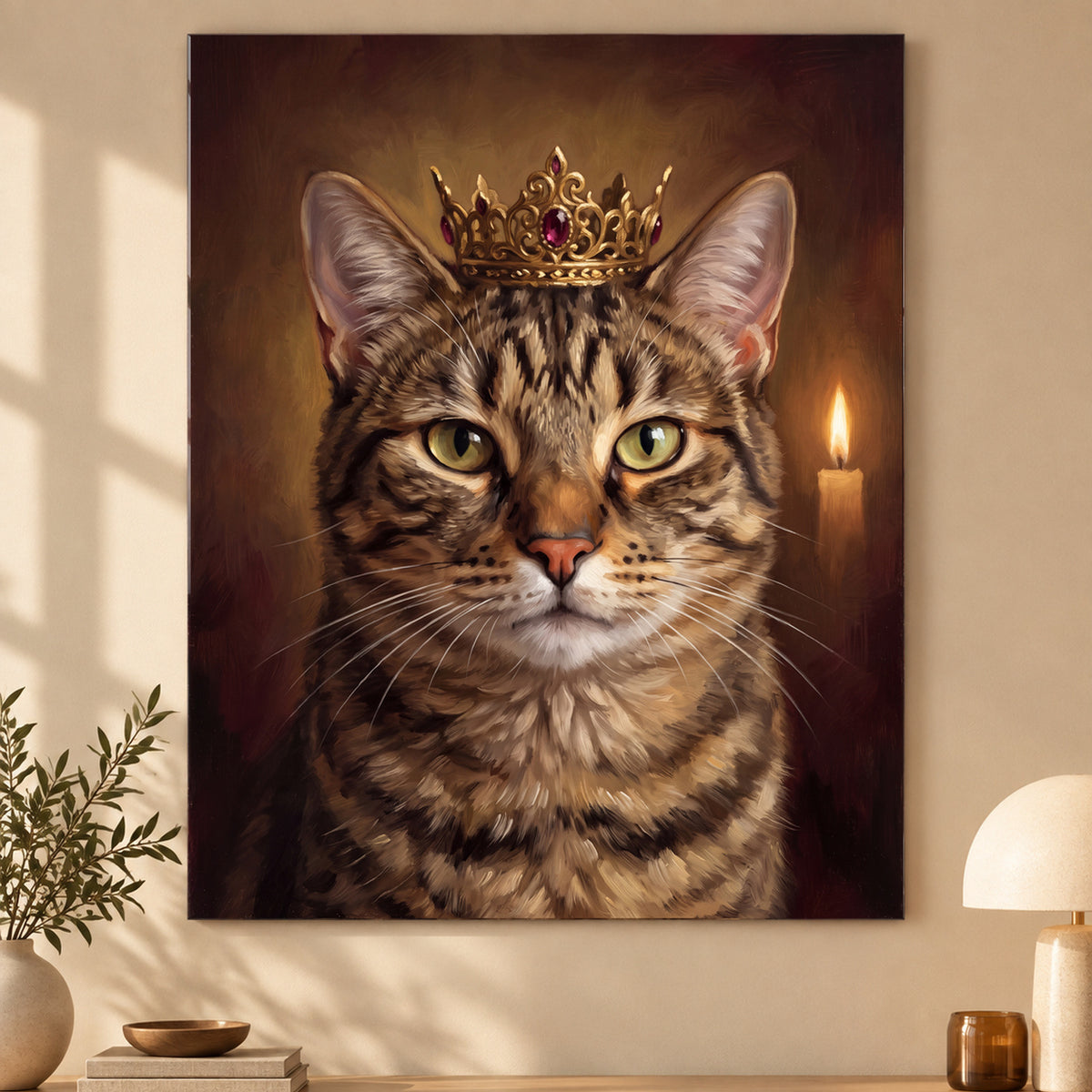 Royales Katzenportrait mit Krone als Leinwand über dem Sideboard