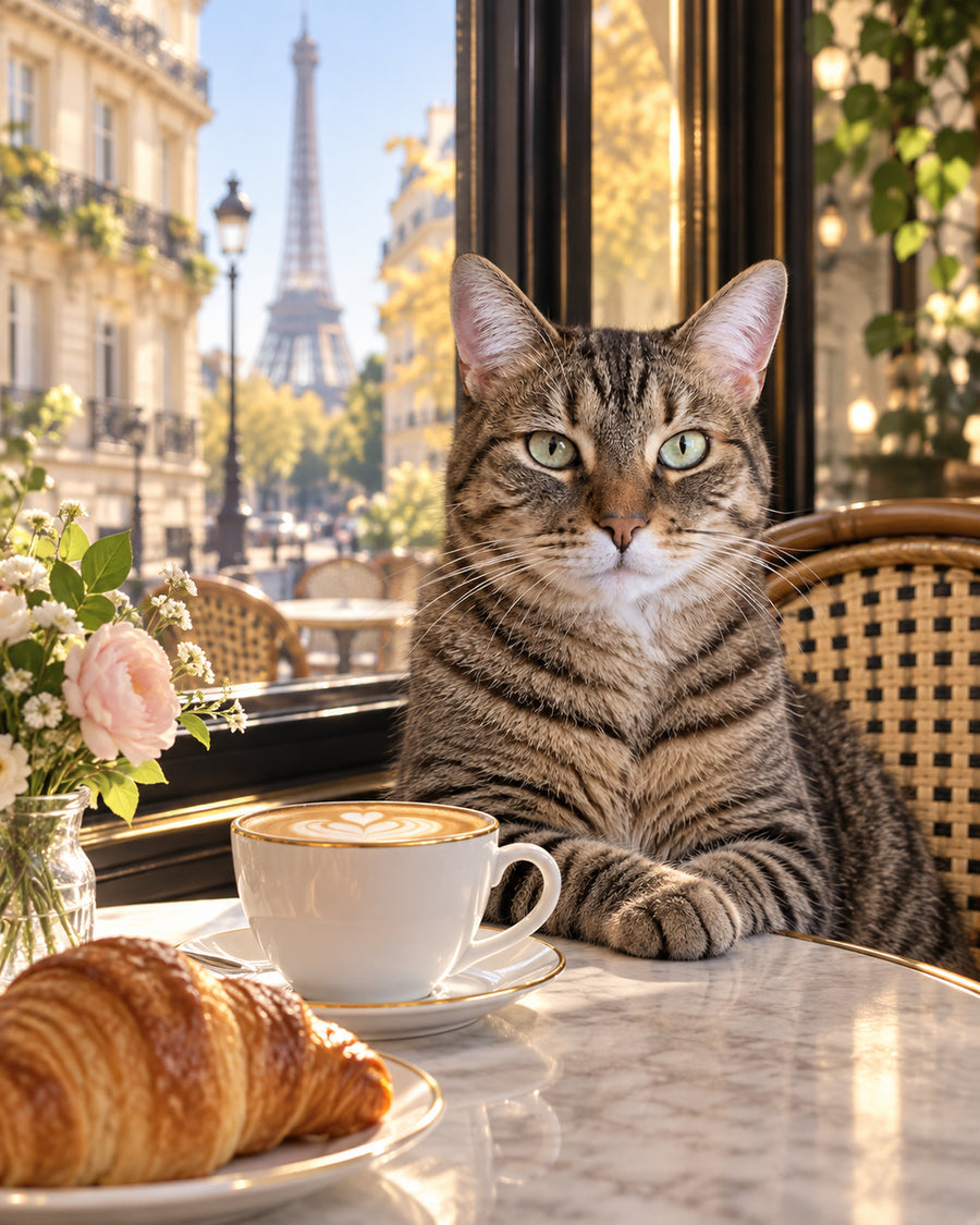 Getigerte Katze im Pariser Café mit Cappuccino und Croissant, im Hintergrund der Eiffelturm