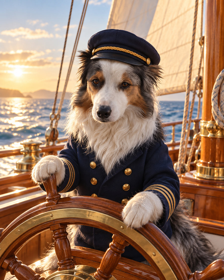 Hund als Kapitän in Uniform am Steuerrad eines Segelboots bei Sonnenuntergang