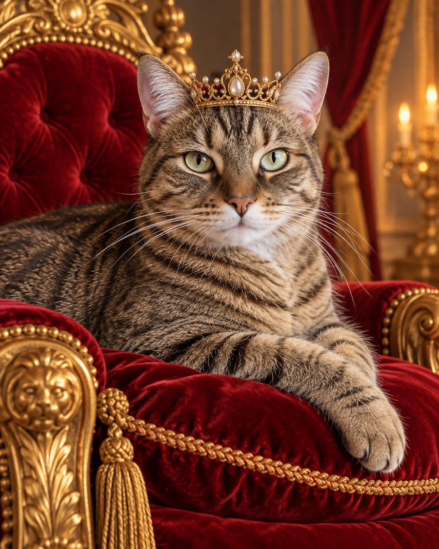 Getigerte Katze mit Krone auf einem roten Samtthron
