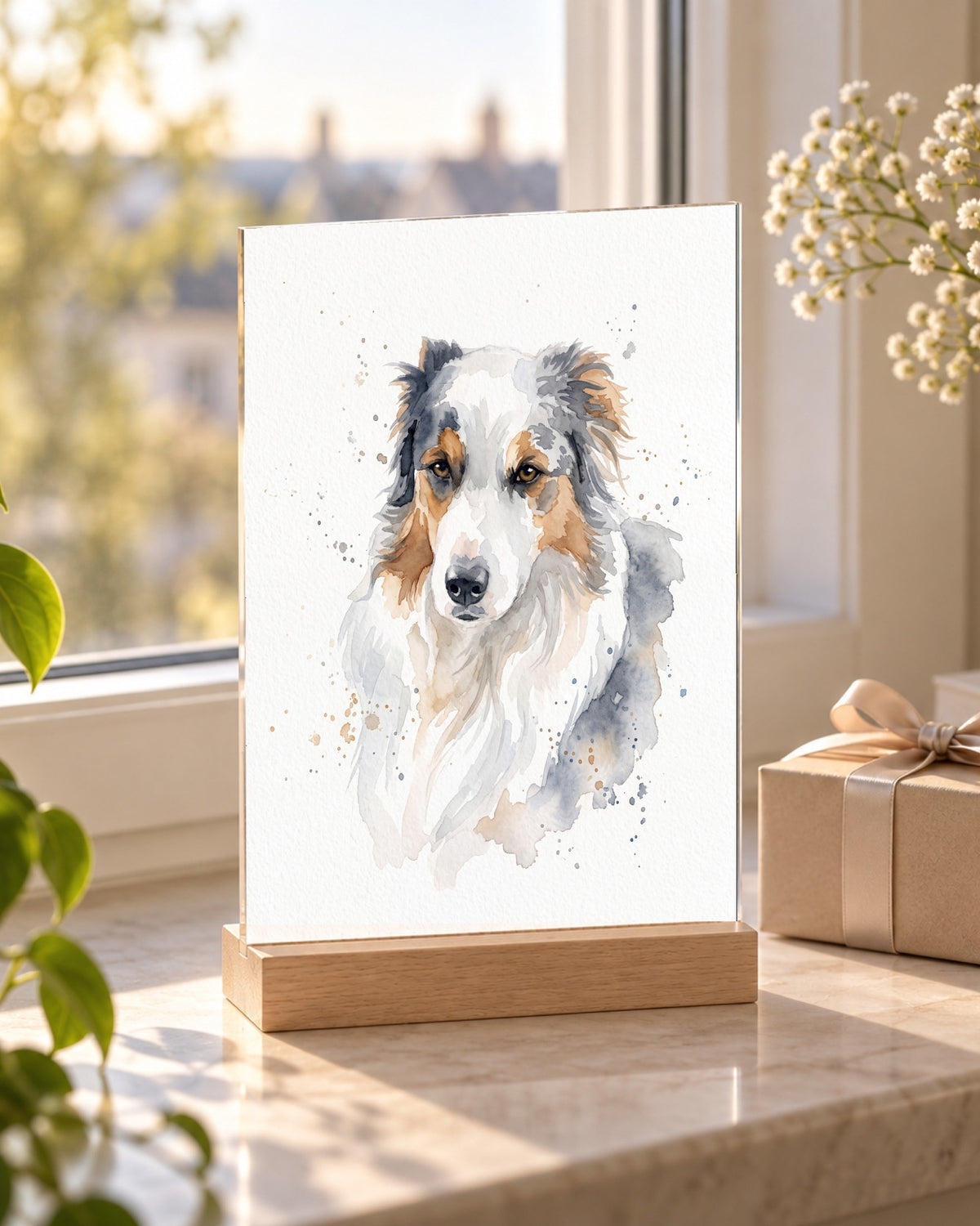 Hundeportrait als Acryl-Aufsteller mit Holzfuß im Stil Aquarell auf der Fensterbank