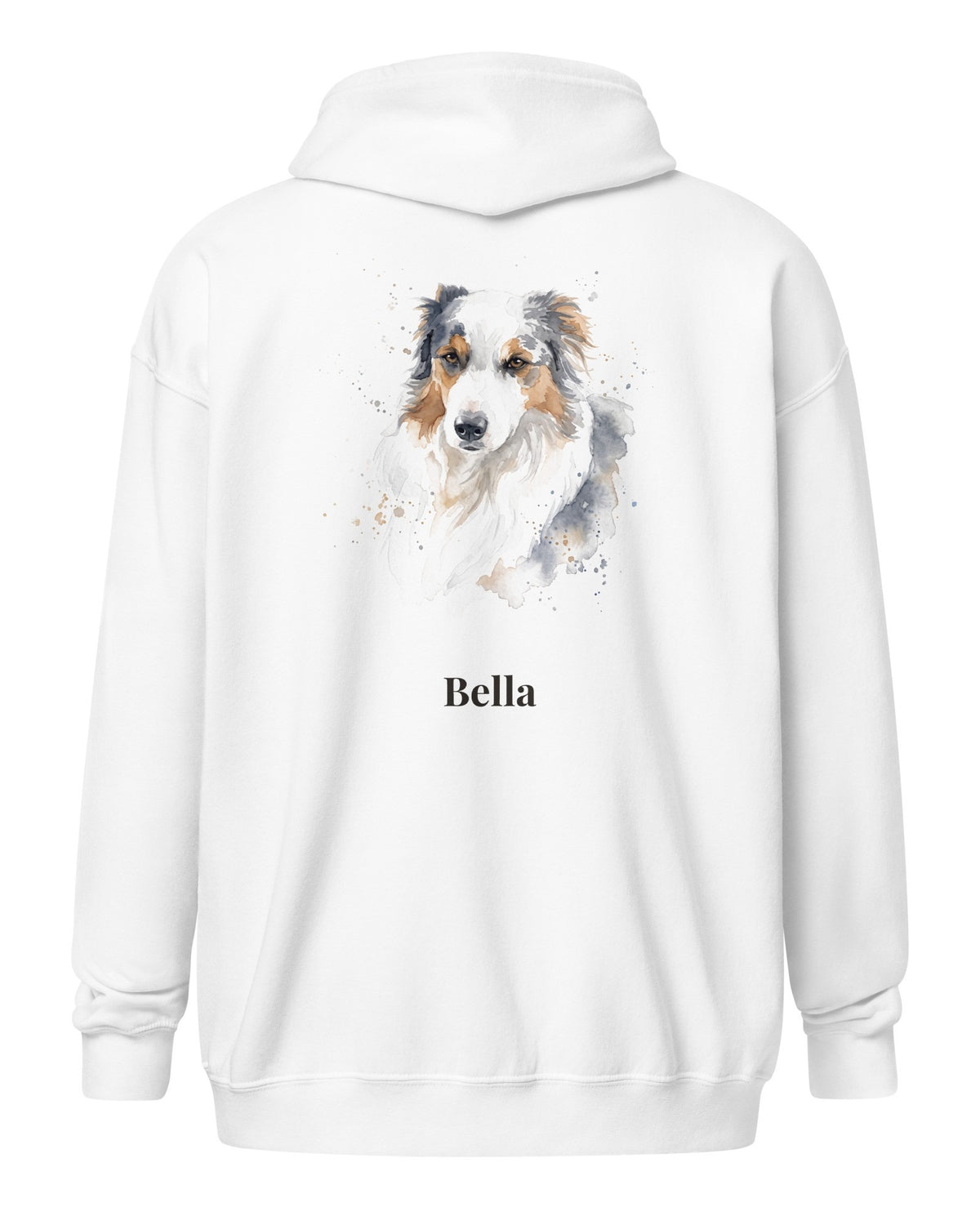 Sweatjacke weiß mit Hundeportrait im Aquarell-Stil auf dem Rücken