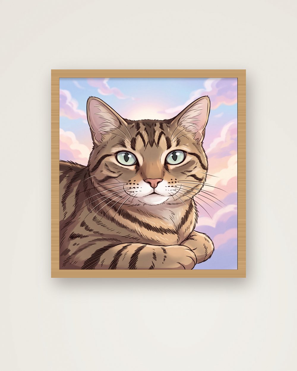 Katzenportrait im Stil Anime als Poster im Holzrahmen, Beispiel