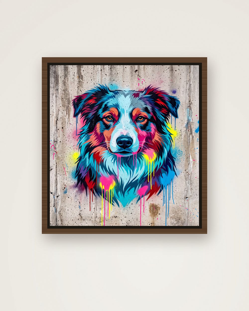 Hundeportrait im Stil Street-Art auf Leinwand mit Rahmen, Beispiel