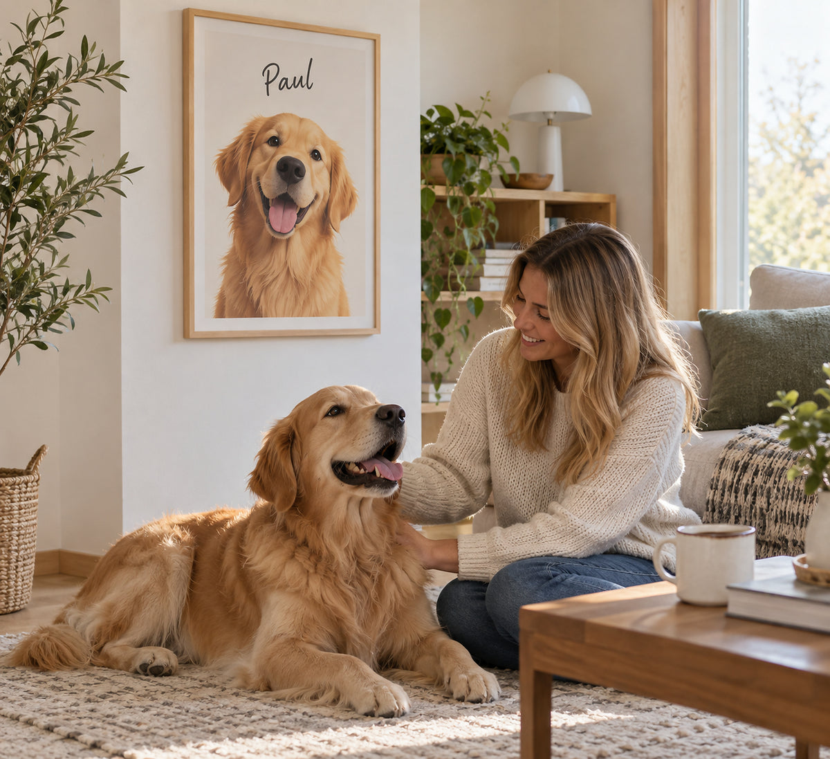 Dog portrait in a wooden frame in a living room, Golden Retriever named Paul