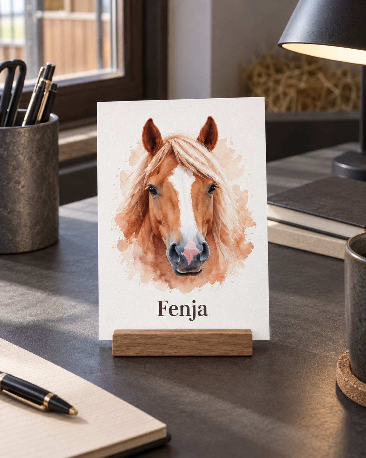 Postkarte A6 mit Haflinger Fenja im Aquarell Stil auf einem anthrazitfarbenen Stallbüroschreibtisch