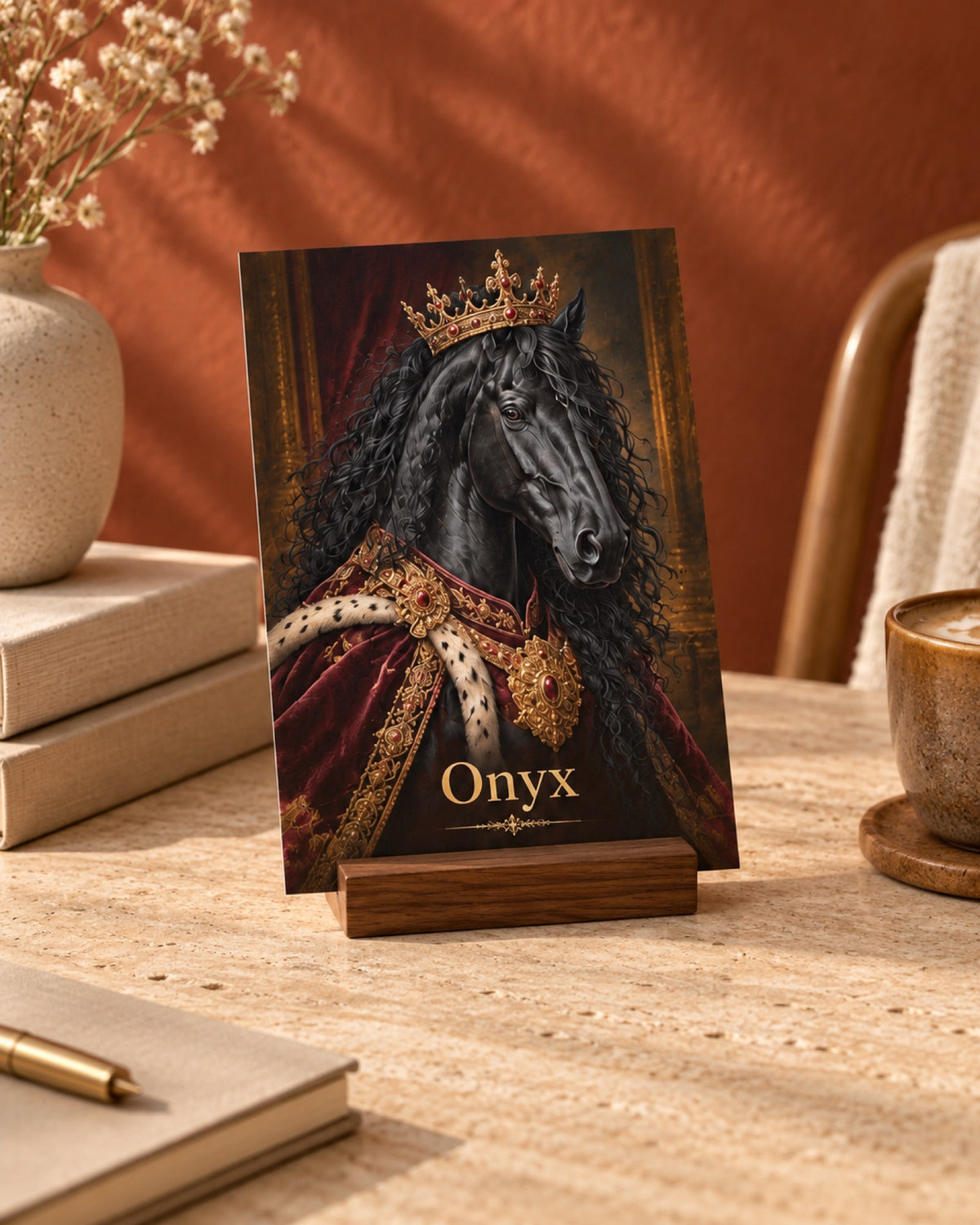 Postkarte A6 mit Rappe Onyx im Royal Stil auf einem sandfarbenen Lesetisch vor rostfarbener Wand