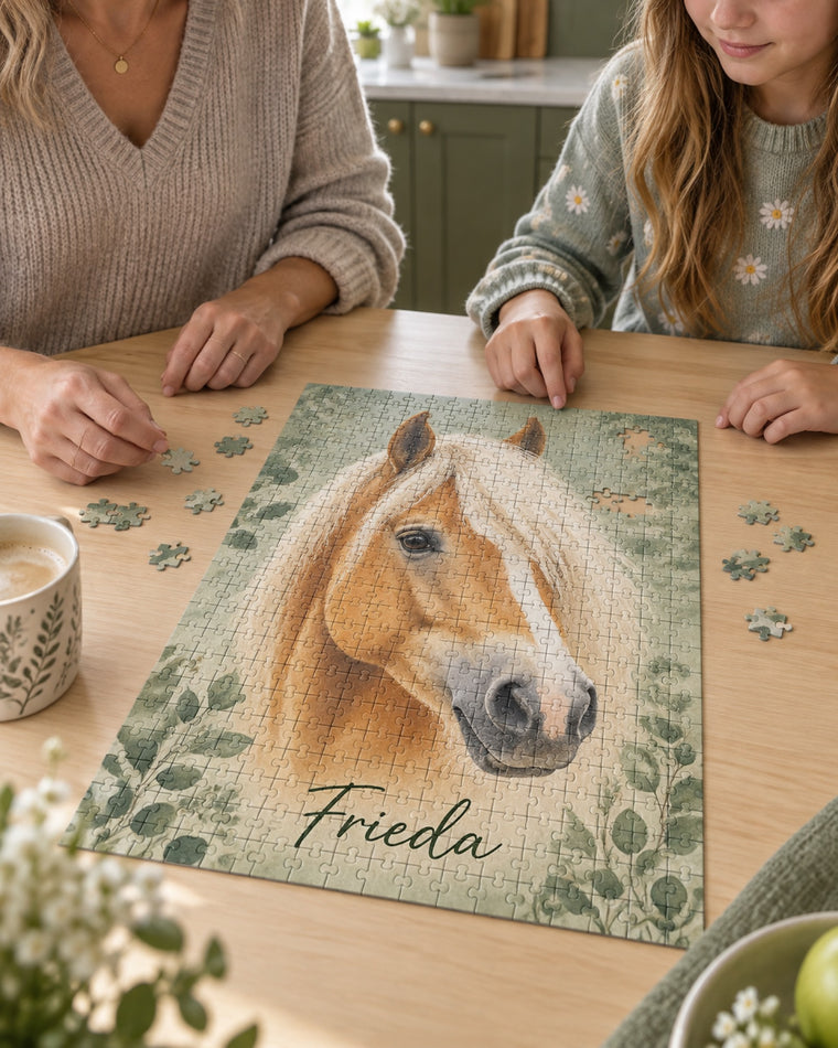 Mutter und Tochter puzzeln am Küchentisch ein personalisiertes Puzzle mit Haflinger Frieda