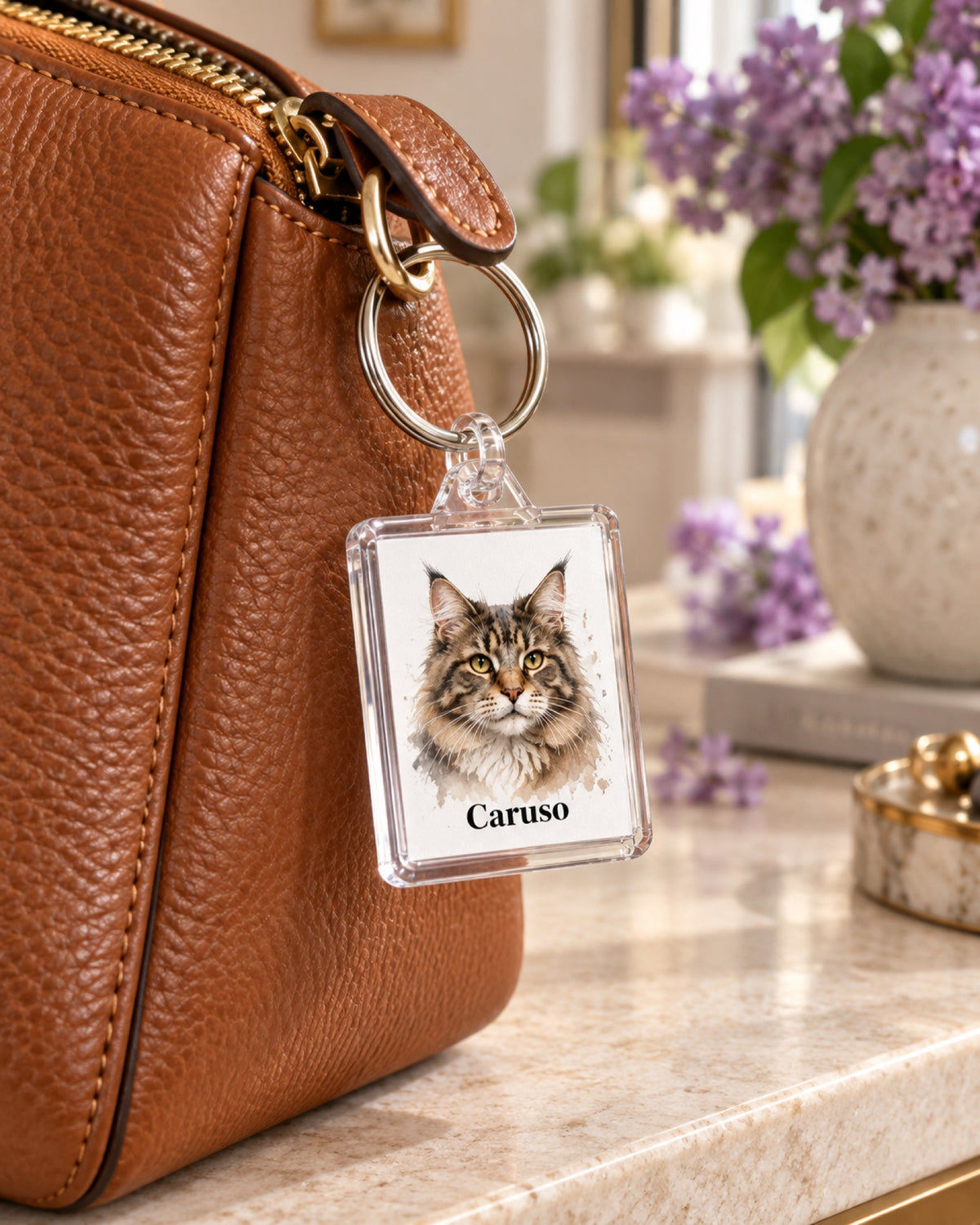 Rechteckiger transparenter Schlüsselanhänger mit Maine Coon Caruso an einer Tasche