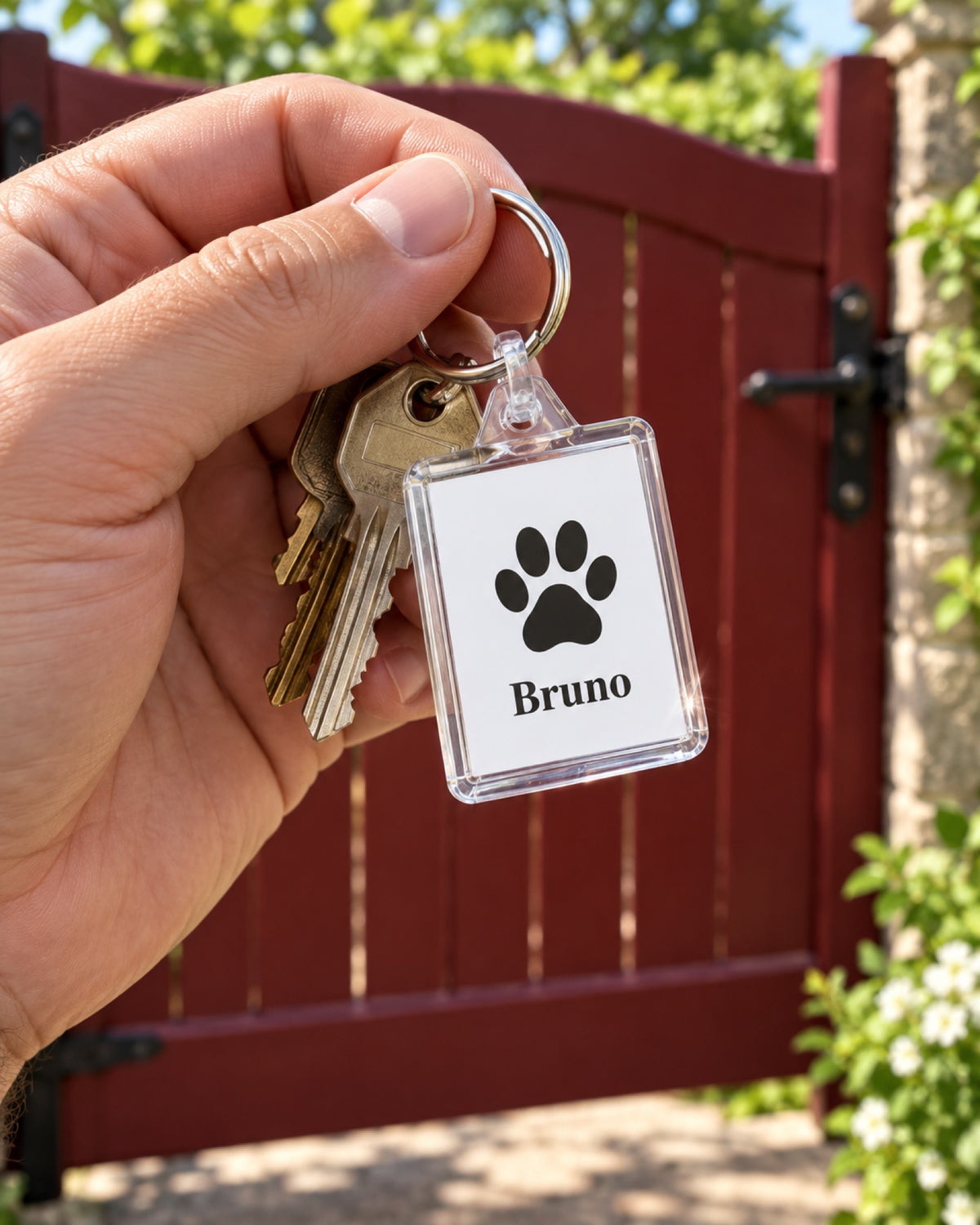 Rechteckiger transparenter Schlüsselanhänger mit Symbolmotiv und dem Namen Bruno in der Hand