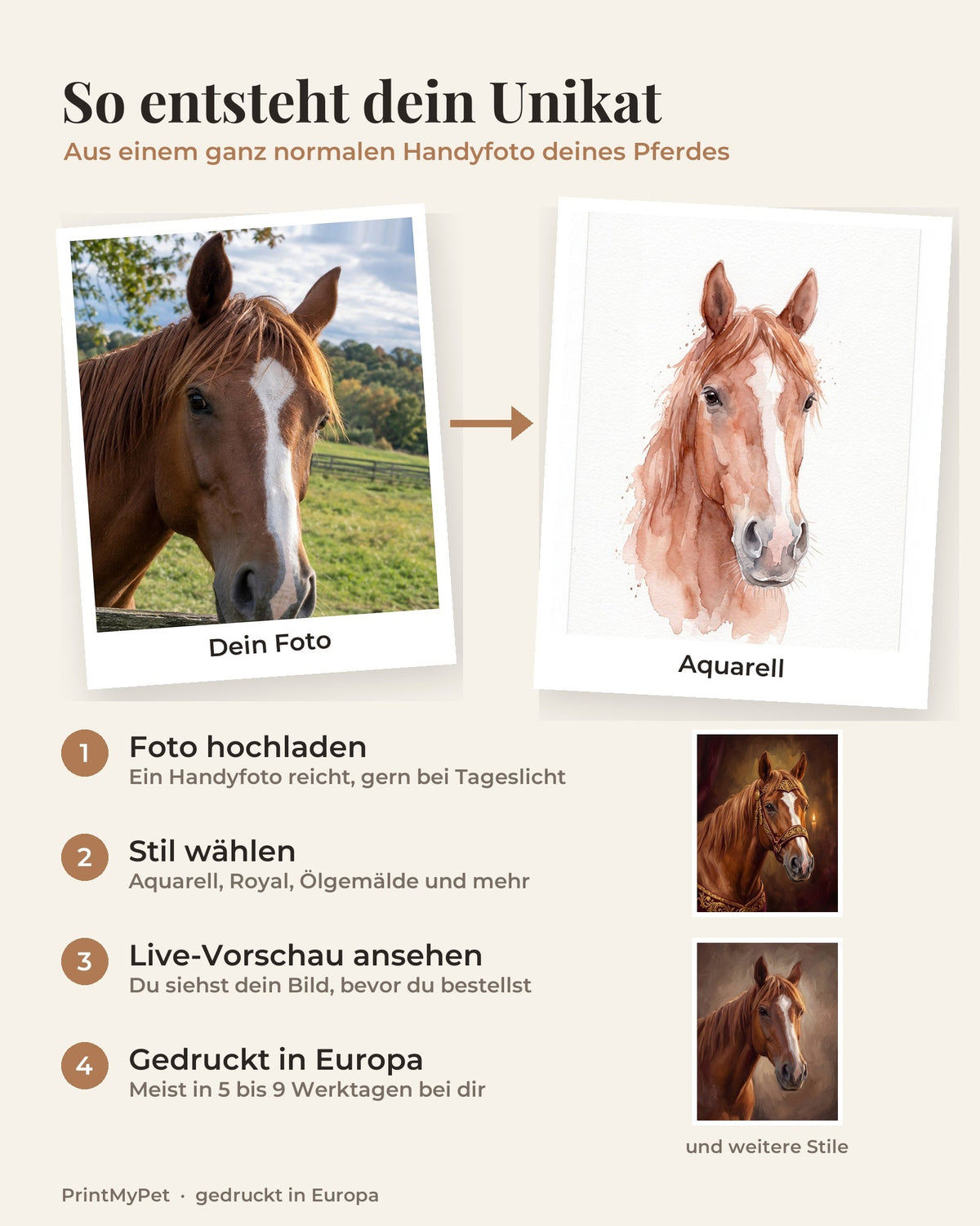 So entsteht dein Unikat: aus dem Handyfoto deines Pferdes wird ein Portrait im Stil deiner Wahl, mit Live-Vorschau vor der Bestellung