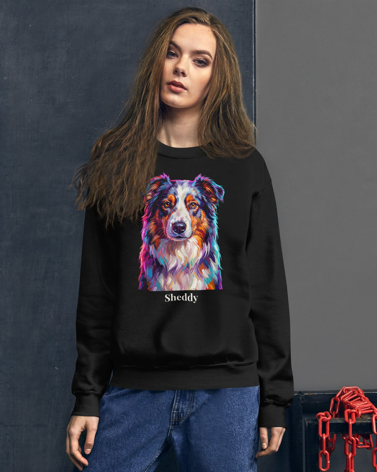 Sweatshirt in Schwarz mit Portrait von einem Australian Shepherd im Stil Pop-Art und dem Namen Sheddy, getragen von einer Frau
