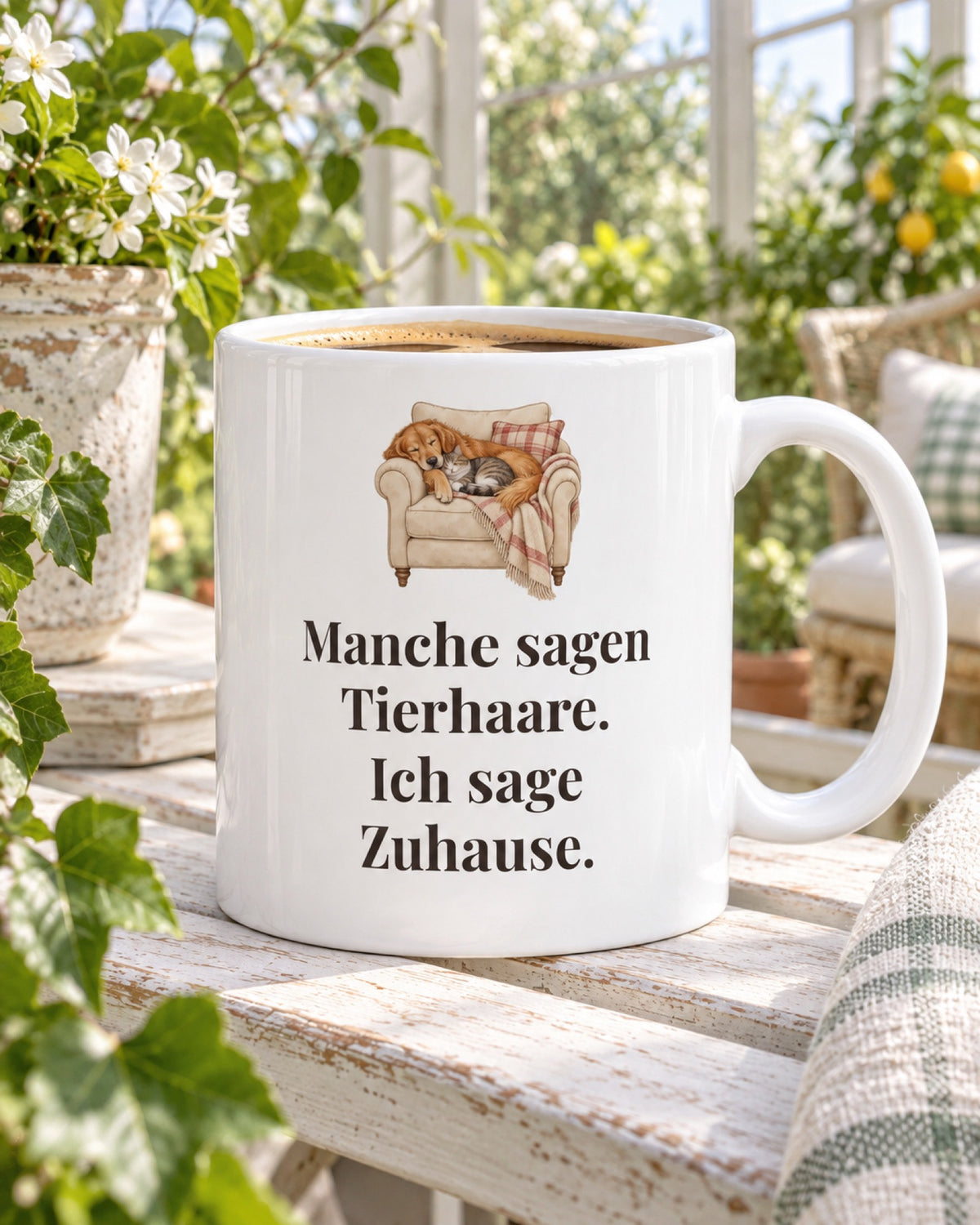 Weiße Keramiktasse Tasse mit Spruch: Manche sagen Tierhaare. Ich sage Zuhause. auf einer hellen Bank im Wintergarten
