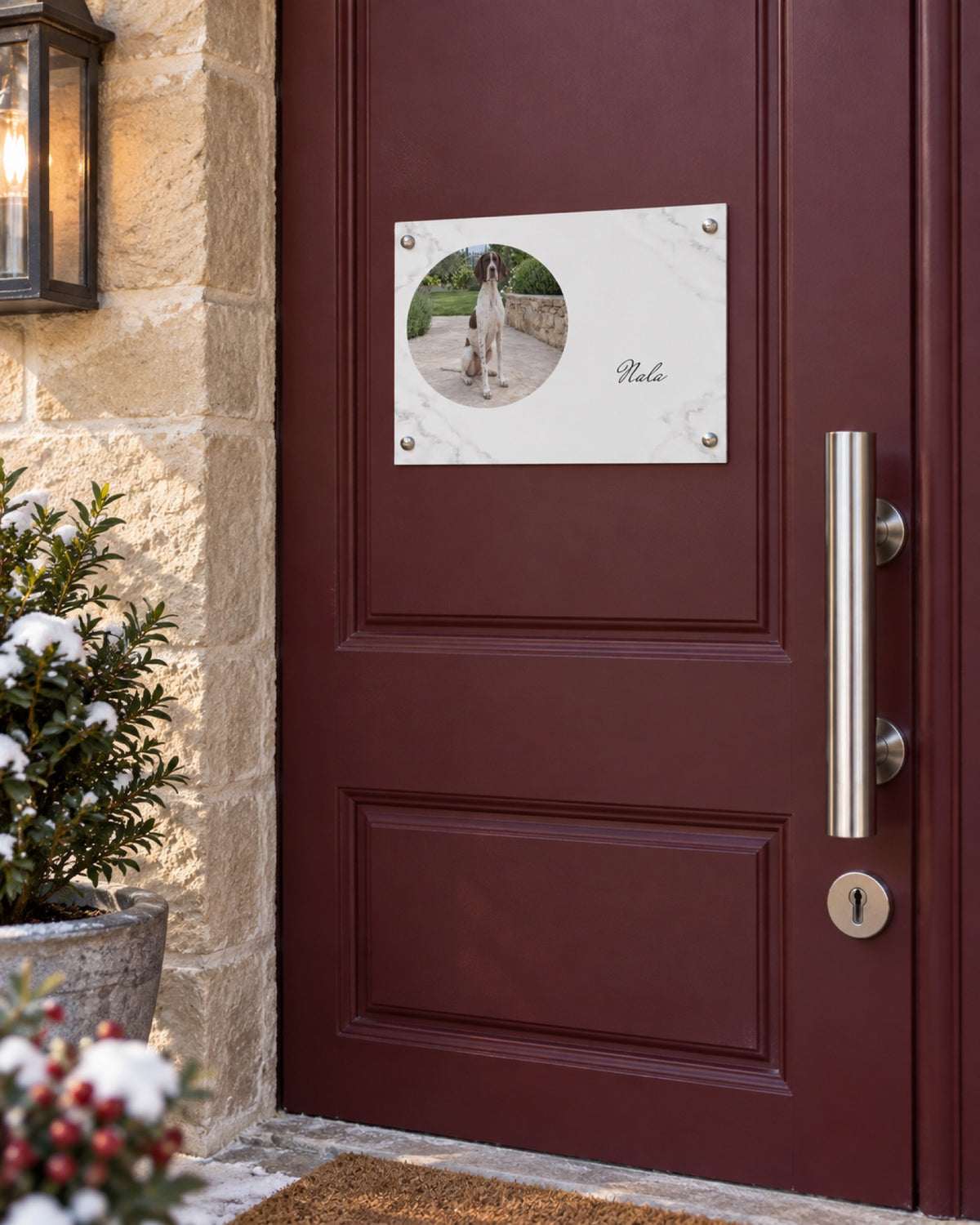 Türschild mit Pointer Nala an einem hellen Sandsteineingang im Winter