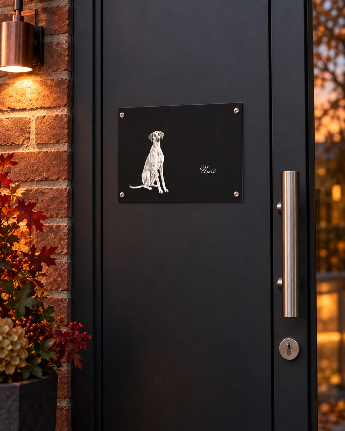 Türschild mit Sloughi Nuri an einer schwarzen Lofttür im Herbst