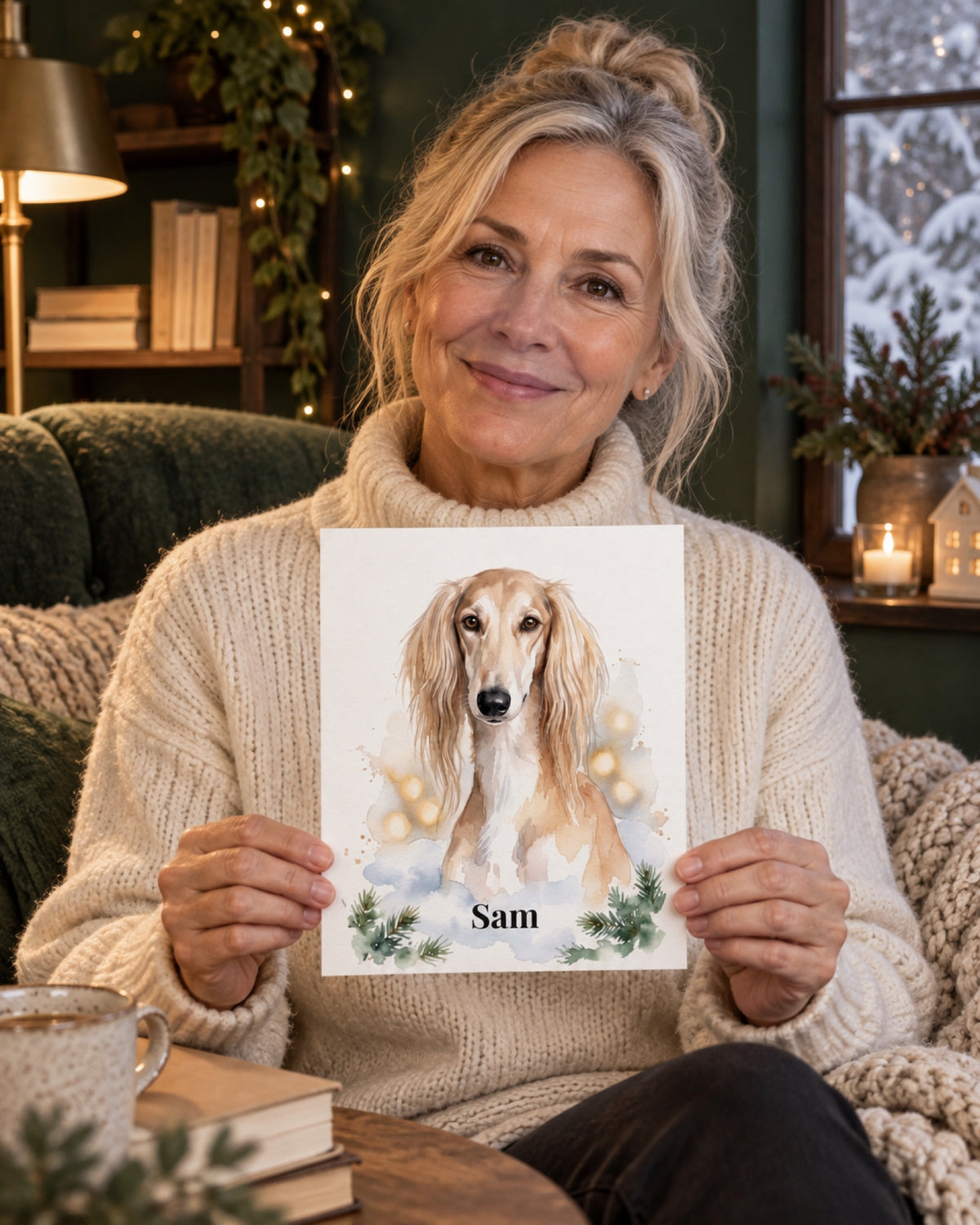 Ungerahmtes Poster mit Saluki Sam in einer Lifestyle-Szene: dunkelgrüne Leseecke im Winter, weißer Pullover einer älteren Frau, sie hält das kleine rahmenlose Poster an den unteren Ecken