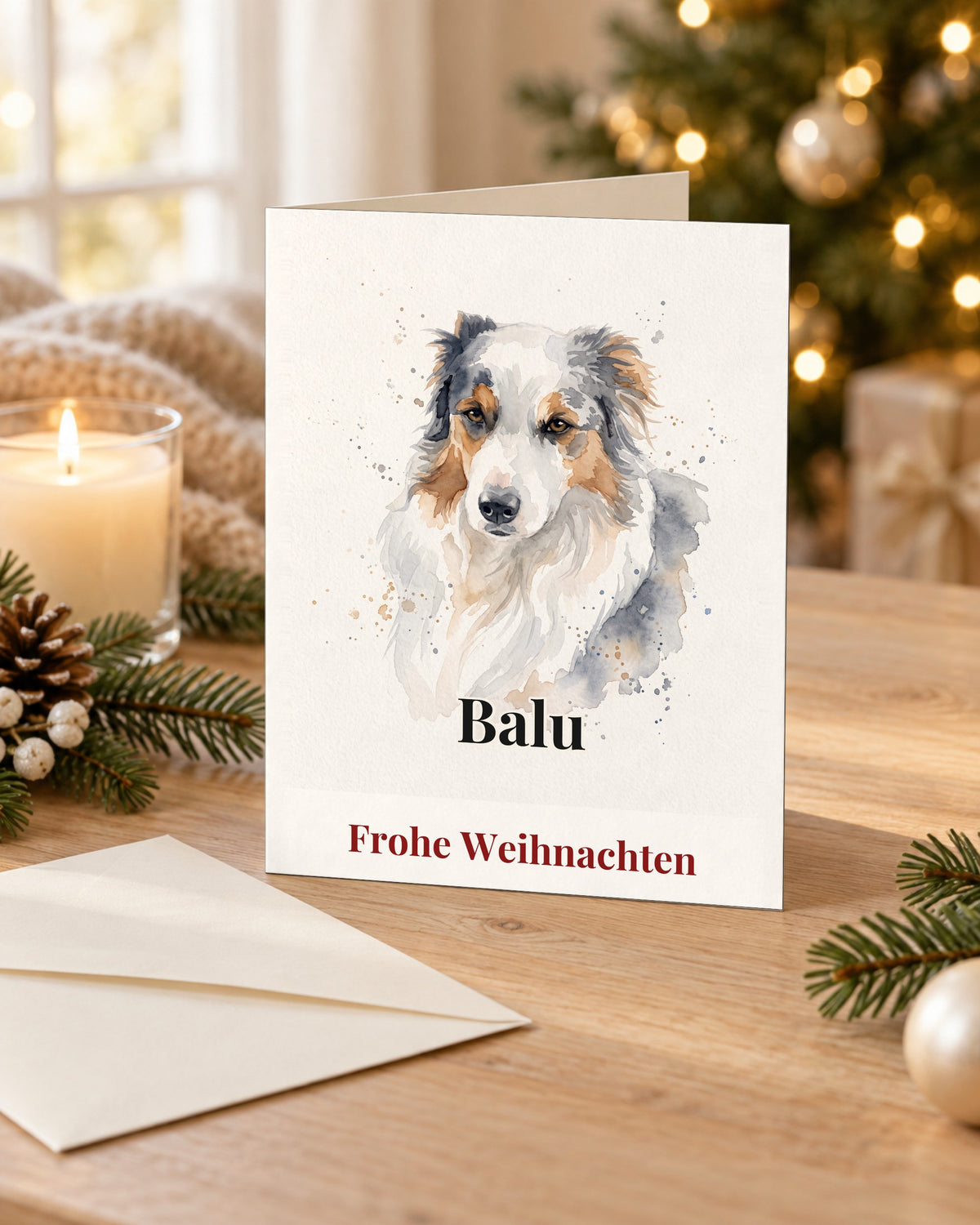 Weihnachtskarte mit deinem Hund im Aquarell-Stil mit Namen Balu, aufgestellt am Weihnachtsbaum