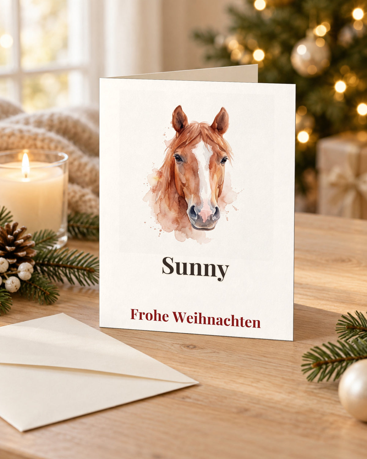 Weihnachtskarte mit deinem Pferd im Aquarell-Stil mit Namen Sunny, aufgestellt am Weihnachtsbaum