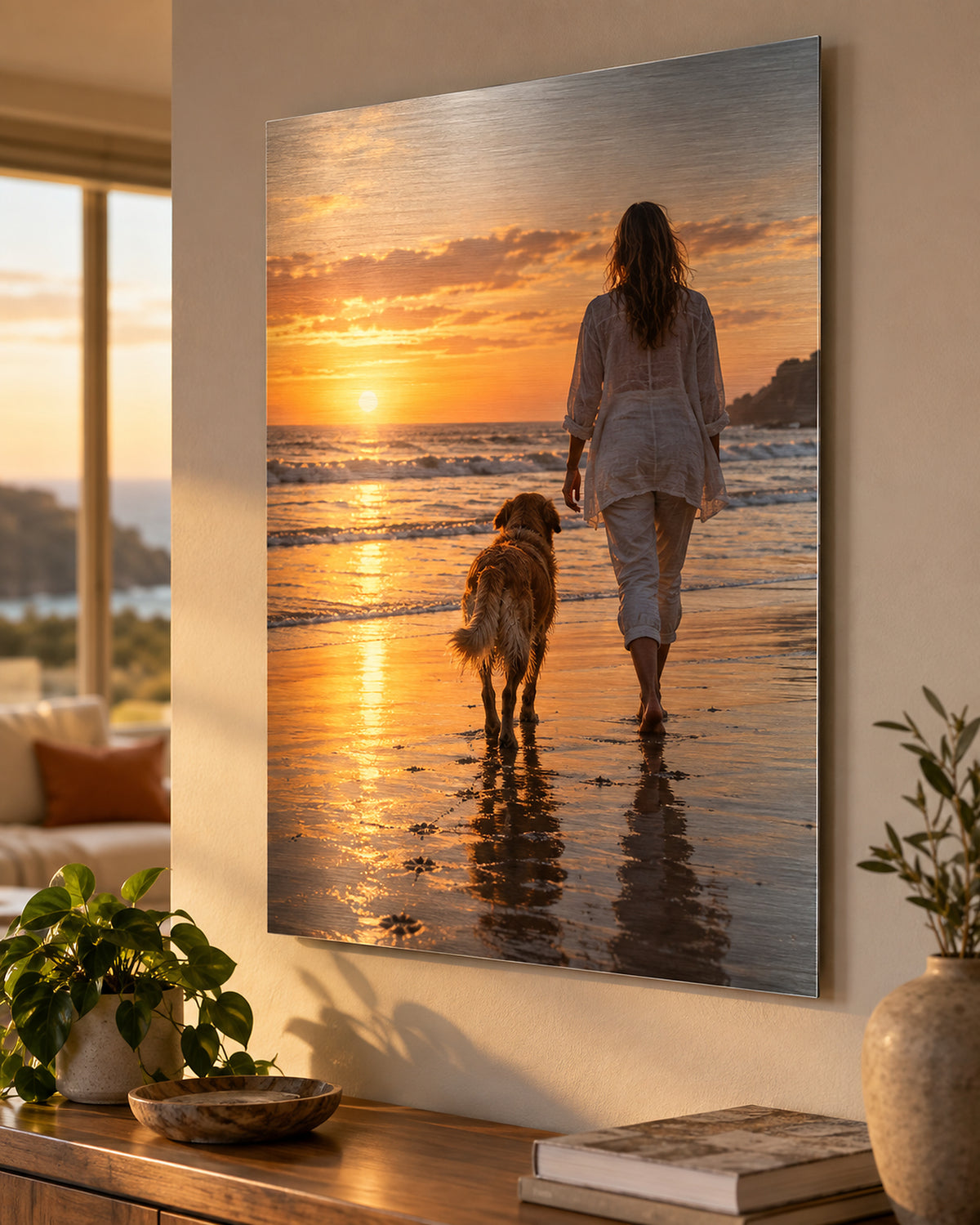 Wunschbild auf Aluminium: Hund mit Frau am Strand